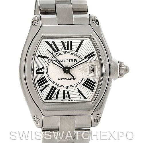 The image shows a frontal view of the Cartier Roadster W62025V3 Men's Stainless Steel Silver Dial W62025V3 Men's Stainless Steel Silver Dial watch, highlighting the dial, case, crown, and part of the bracelet.
