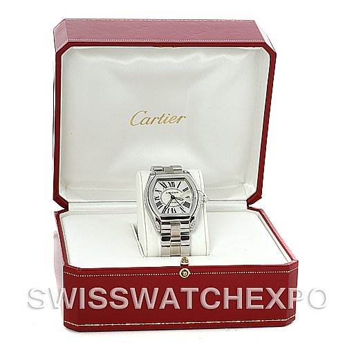 The image shows a Cartier Roadster W62025V3 Men's Stainless Steel Silver Dial W62025V3 Men's Stainless Steel Silver Dial watch front-facing in its open, red Cartier box.