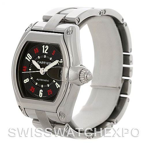 The image shows a Cartier Roadster W62002V3 Men's Stainless Steel Black Dial W62002V3 Men's Stainless Steel Black Dial watch at a slight angle, highlighting its stainless steel case, bracelet, and dial.