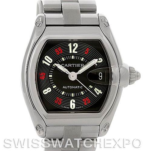 This Cartier Roadster W62002V3 Men's Stainless Steel Black Dial W62002V3 Men's Stainless Steel Black Dial watch is shown from a front angle, displaying its black dial, stainless steel case, and bracelet.