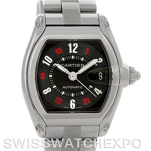 This Cartier Roadster watch is shown from a front angle, displaying its black dial, stainless steel case, and bracelet.