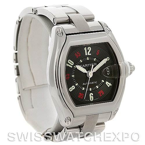 The image shows a Cartier Roadster W62002V3 Men's Stainless Steel Black Dial W62002V3 Men's Stainless Steel Black Dial watch at a three-quarter view, highlighting the dial, case, and part of the bracelet.