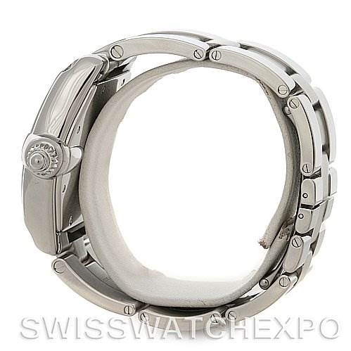 This image shows a side view of the Cartier Roadster W62002V3 Men's Stainless Steel Black Dial W62002V3 Men's Stainless Steel Black Dial watch, highlighting the case, crown, and metal bracelet.