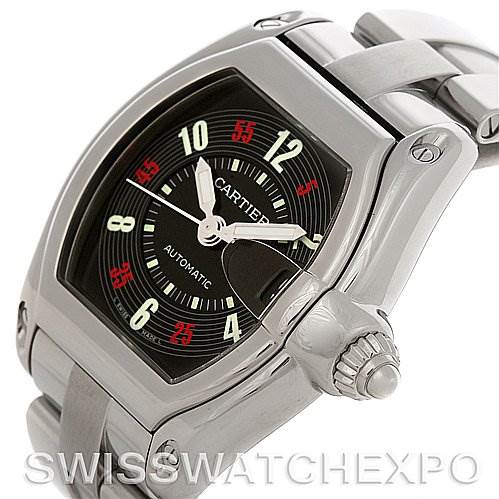 This image shows a close-up angle of the Cartier Roadster W62002V3 Men's Stainless Steel Black Dial W62002V3 Men's Stainless Steel Black Dial watch, highlighting the dial, case, bracelet, and crown.