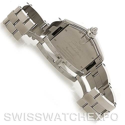 This image shows the back case and bracelet of the Cartier Roadster W62002V3 Men's Stainless Steel Black Dial W62002V3 Men's Stainless Steel Black Dial watch from an angled top view.