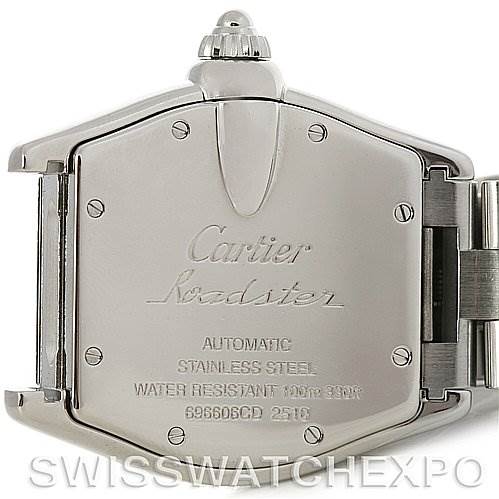 The image shows the back of a Cartier Roadster W62002V3 Men's Stainless Steel Black Dial W62002V3 Men's Stainless Steel Black Dial watch, highlighting its stainless steel casing and inscriptions.