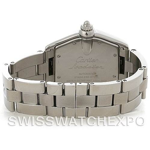 This image shows the back and stainless steel bracelet of a Cartier Roadster W62002V3 Men's Stainless Steel Black Dial W62002V3 Men's Stainless Steel Black Dial watch.