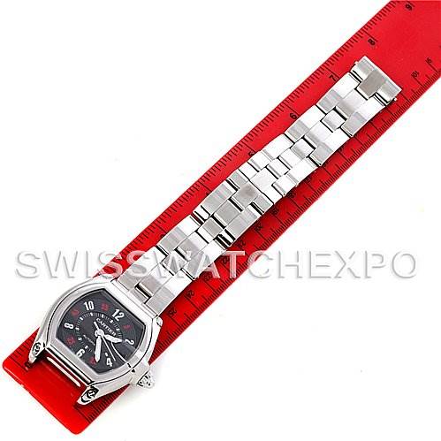 This image shows the Cartier Roadster W62002V3 Men's Stainless Steel Black Dial W62002V3 Men's Stainless Steel Black Dial watch from an overhead angle, featuring the face and full metal bracelet laid out flat.