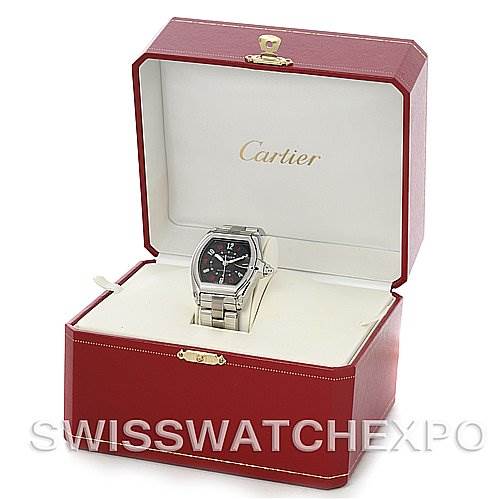 The image shows a Cartier Roadster W62002V3 Men's Stainless Steel Black Dial W62002V3 Men's Stainless Steel Black Dial watch placed inside an open red Cartier box with a white interior.