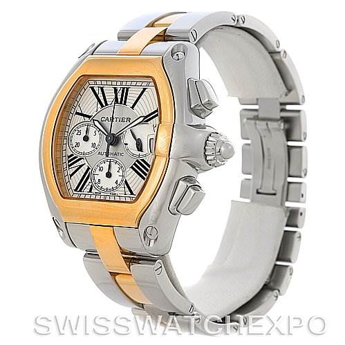 The image shows a Cartier Roadster W62027Z1 Men's Steel and Gold (two tone) Silver Dial W62027Z1 Men's Steel and Gold (two tone) Silver Dial watch at an angle, clearly displaying its face, bezel, crown, and bracelet.