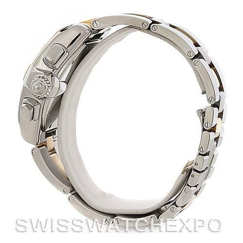 The image shows a side view of the Cartier Roadster W62027Z1 Men's Steel and Gold (two tone) Silver Dial W62027Z1 Men's Steel and Gold (two tone) Silver Dial watch, focusing on the crown and bracelet.