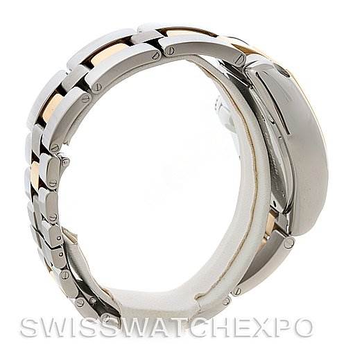 The image shows a side view of the Cartier Roadster W62027Z1 Men's Steel and Gold (two tone) Silver Dial W62027Z1 Men's Steel and Gold (two tone) Silver Dial watch, emphasizing the bracelet and the case profile.