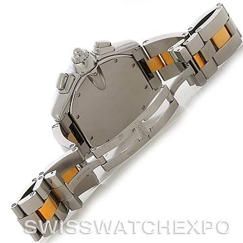 The image shows the rear view and clasp of a Cartier Roadster W62027Z1 Men's Steel and Gold (two tone) Silver Dial W62027Z1 Men's Steel and Gold (two tone) Silver Dial watch, highlighting its bracelet links.