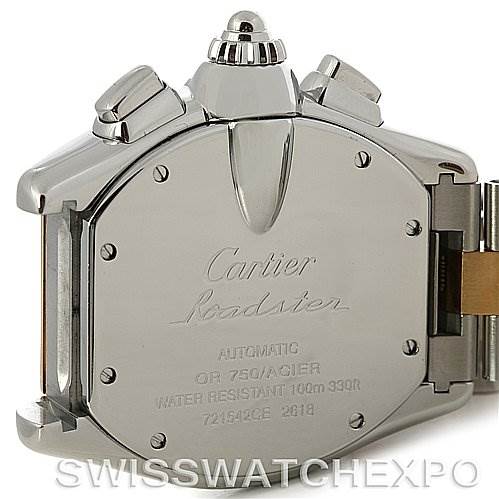The image shows the back and crown of a Cartier Roadster W62027Z1 Men's Steel and Gold (two tone) Silver Dial W62027Z1 Men's Steel and Gold (two tone) Silver Dial watch, highlighting its case back and water resistance details.