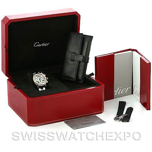 The image shows a Cartier Roadster W62027Z1 Men's Steel and Gold (two tone) Silver Dial W62027Z1 Men's Steel and Gold (two tone) Silver Dial watch with its box, leather case, booklet, and additional strap accessories.