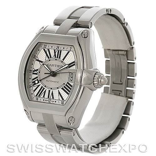 This image shows a Cartier Roadster W62032X6 Men's Stainless Steel Silver Dial W62032X6 Men's Stainless Steel Silver Dial watch at an angle highlighting the dial, case, crown, and part of the bracelet.