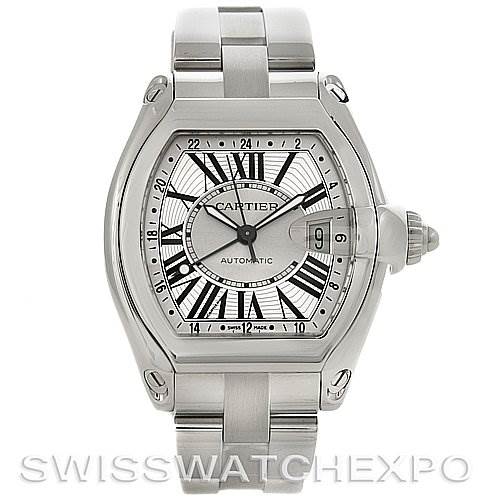 The image shows a front view of a Cartier Roadster W62032X6 Men's Stainless Steel Silver Dial W62032X6 Men's Stainless Steel Silver Dial watch, displaying the dial, bezel, crown, and bracelet.