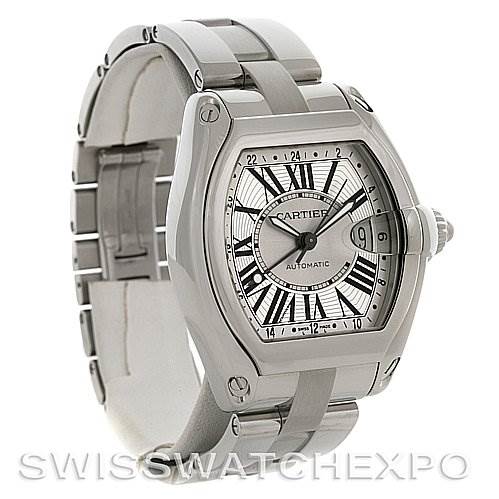 The image shows a Cartier Roadster W62032X6 Men's Stainless Steel Silver Dial W62032X6 Men's Stainless Steel Silver Dial watch at an angle emphasizing the face, bezel, and metal band.