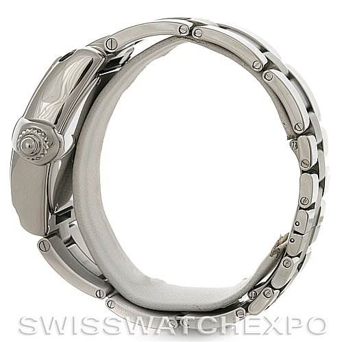 This is a side view of a Cartier Roadster W62032X6 Men's Stainless Steel Silver Dial W62032X6 Men's Stainless Steel Silver Dial watch, showing the crown and part of the metal bracelet.