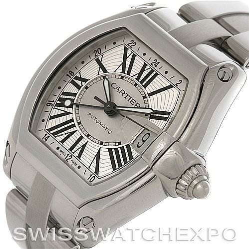 The image shows the dial, crown, and part of the bracelet of the Cartier Roadster W62032X6 Men's Stainless Steel Silver Dial W62032X6 Men's Stainless Steel Silver Dial watch from an angled front view.