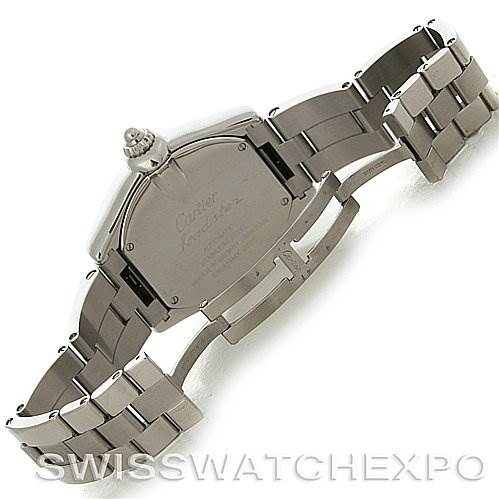 The image shows the back view of a Cartier Roadster W62032X6 Men's Stainless Steel Silver Dial W62032X6 Men's Stainless Steel Silver Dial watch, highlighting the bracelet and case back.