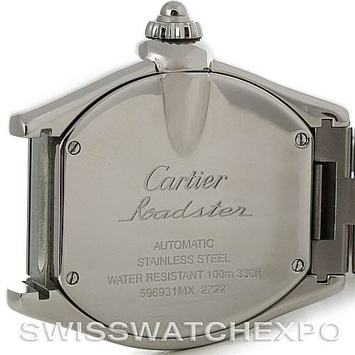 The image shows the back case of a Cartier Roadster W62032X6 Men's Stainless Steel Silver Dial W62032X6 Men's Stainless Steel Silver Dial watch, highlighting its stainless steel construction and inscriptions.