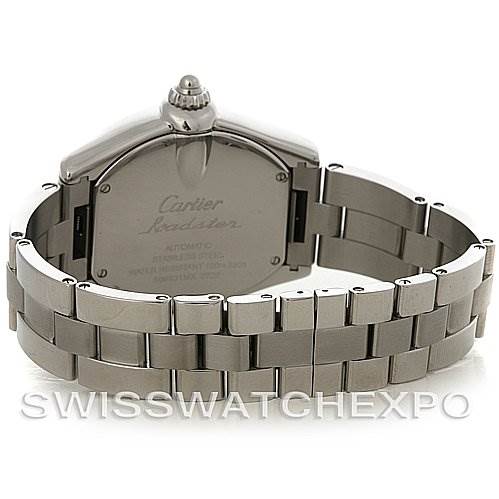 The Cartier Roadster W62032X6 Men's Stainless Steel Silver Dial W62032X6 Men's Stainless Steel Silver Dial watch is shown from the back, highlighting the case back and metal bracelet.