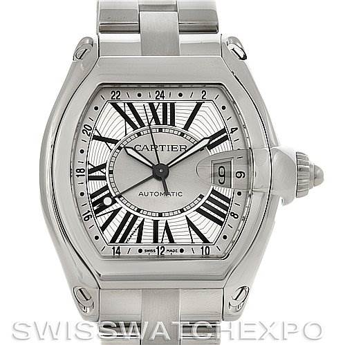 The Cartier Roadster W62032X6 Men's Stainless Steel Silver Dial W62032X6 Men's Stainless Steel Silver Dial watch is shown from a straight-on angle, displaying the face, bezel, and metal bracelet.
