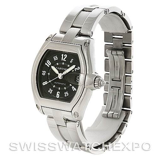 The image shows a Cartier Roadster W62004V3 Men's Stainless Steel Black Dial W62004V3 Men's Stainless Steel Black Dial watch at a three-quarter angle, highlighting the face, crown, and linked metal bracelet.