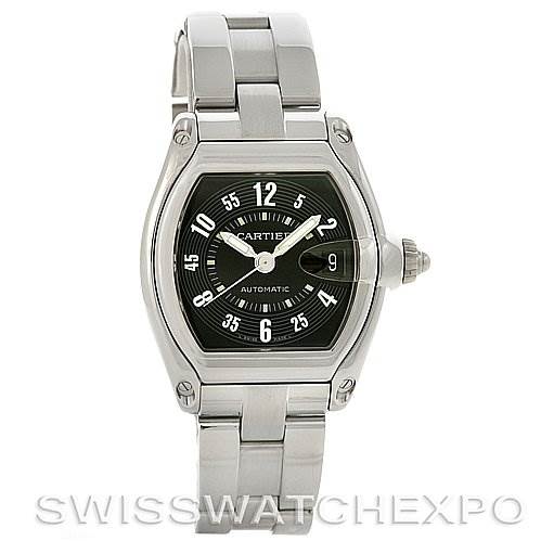 This image shows a frontal view of a Cartier Roadster W62004V3 Men's Stainless Steel Black Dial W62004V3 Men's Stainless Steel Black Dial watch, highlighting its face, bezel, dial, and stainless steel bracelet.