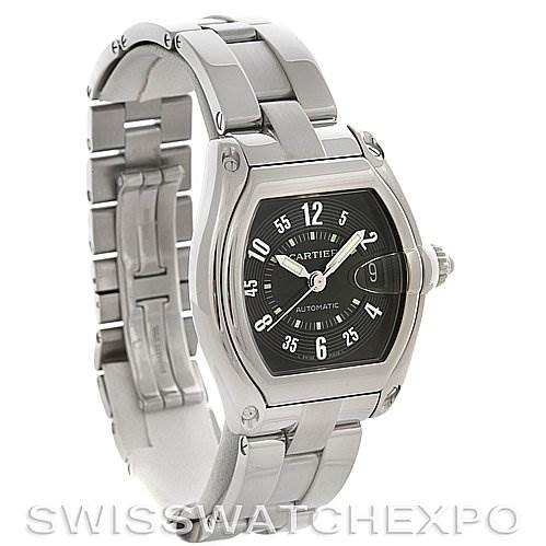 The image shows a Cartier Roadster W62004V3 Men's Stainless Steel Black Dial W62004V3 Men's Stainless Steel Black Dial watch from a front-left angle, highlighting the face, bezel, case, crown, and bracelet.