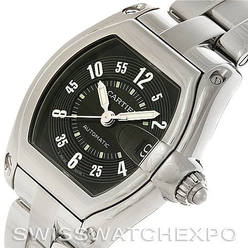 The image shows a Cartier Roadster W62004V3 Men's Stainless Steel Black Dial W62004V3 Men's Stainless Steel Black Dial watch, featuring the dial, bezel, crown, and part of the bracelet, at a slight angle from the front.