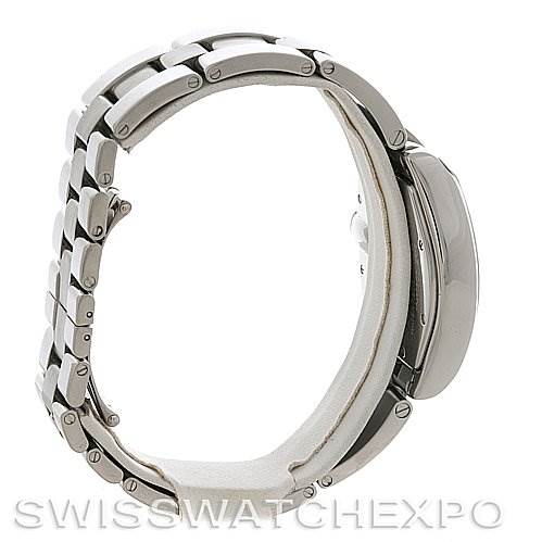 The side view of the Cartier Roadster W62004V3 Men's Stainless Steel Black Dial W62004V3 Men's Stainless Steel Black Dial watch displays its metal bracelet and case.