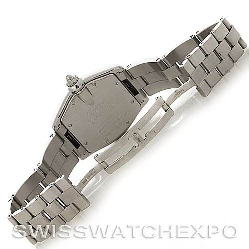 The image shows the back and bracelet of a Cartier Roadster W62004V3 Men's Stainless Steel Black Dial W62004V3 Men's Stainless Steel Black Dial watch, viewed from the underside.