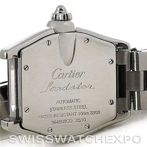 The image shows the back case of a Cartier Roadster W62004V3 Men's Stainless Steel Black Dial W62004V3 Men's Stainless Steel Black Dial watch, highlighting the inscriptions and the stainless steel bracelet.