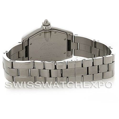 The image shows the back and bracelet of a Cartier Roadster W62004V3 Men's Stainless Steel Black Dial W62004V3 Men's Stainless Steel Black Dial watch, highlighting the clasp and case back.