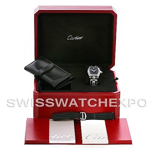 The image shows a Cartier Roadster W62004V3 Men's Stainless Steel Black Dial W62004V3 Men's Stainless Steel Black Dial watch in its box, along with a leather pouch, an extra strap, and documentation, viewed from the front.