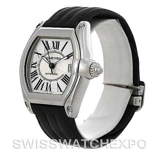 The Cartier Roadster W62025V3 Men
s Stainless Steel Silver Dial W62025V3 Men
s Stainless Steel Silver Dial watch is shown at a slight angled side view, highlighting its face, crown, and black leather strap.