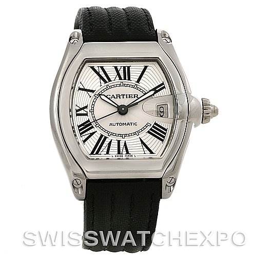 This is a front view of a Cartier Roadster W62025V3 Men
s Stainless Steel Silver Dial W62025V3 Men
s Stainless Steel Silver Dial watch, showing the dial, bezel, crown, and strap.