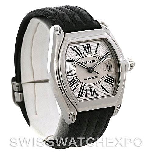 The image shows a Cartier Roadster W62025V3 Men
s Stainless Steel Silver Dial W62025V3 Men
s Stainless Steel Silver Dial watch from a front-left angle, highlighting its face, case, and strap.