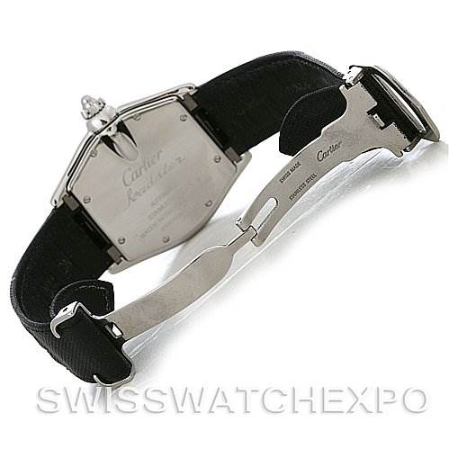 The image shows the back and clasp of a Cartier Roadster W62025V3 Men
s Stainless Steel Silver Dial W62025V3 Men
s Stainless Steel Silver Dial watch at an angled view, highlighting the case back and leather strap.