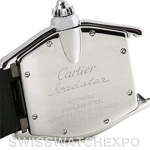 This image shows the back case of a Cartier Roadster W62025V3 Men
s Stainless Steel Silver Dial W62025V3 Men
s Stainless Steel Silver Dial watch made of stainless steel, displaying inscriptions including details of its specifications.