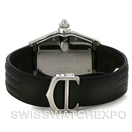 The image shows the back view of a Roadster model watch by Cartier, focusing on the clasp and case back.