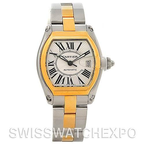 The Cartier Roadster W62031Y4 Men's Steel and Gold (two tone) Silver Dial W62031Y4 Men's Steel and Gold (two tone) Silver Dial watch is shown from a front angle, displaying the face, bezel, and bracelet.