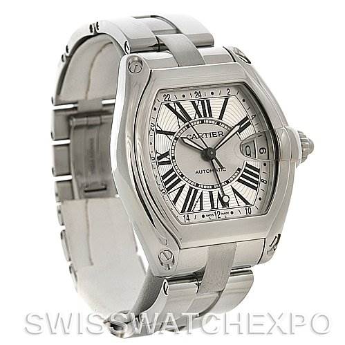 The image shows a Cartier Roadster W62032X6 Men's Stainless Steel Silver Dial W62032X6 Men's Stainless Steel Silver Dial watch from an angled side view, highlighting the dial, crown, and metal bracelet.