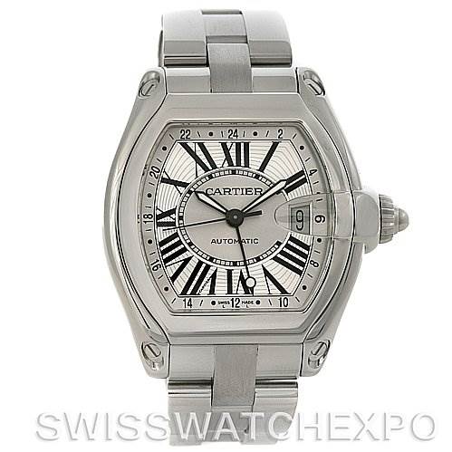 The image shows a front angle of the Cartier Roadster W62032X6 Men's Stainless Steel Silver Dial W62032X6 Men's Stainless Steel Silver Dial watch, highlighting its face, bezel, and stainless steel bracelet.