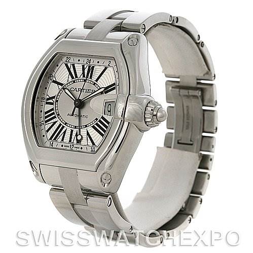 This image shows a Cartier Roadster W62032X6 Men's Stainless Steel Silver Dial W62032X6 Men's Stainless Steel Silver Dial watch from a slightly angled side view, displaying its face, crown, and part of its metal bracelet.