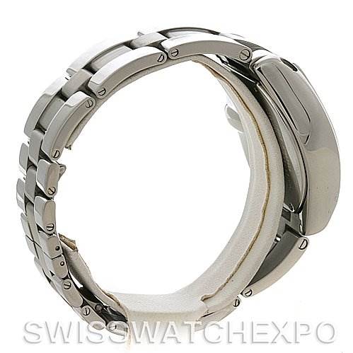 This image shows a side angle of a Cartier Roadster W62032X6 Men's Stainless Steel Silver Dial W62032X6 Men's Stainless Steel Silver Dial watch, highlighting its bracelet and clasp.