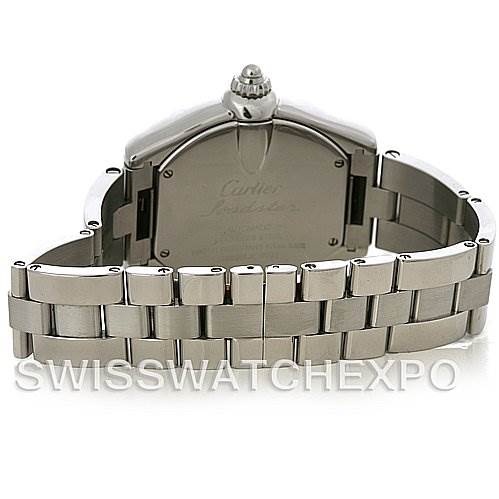 The image shows the back case and bracelet of a Cartier Roadster W62032X6 Men's Stainless Steel Silver Dial W62032X6 Men's Stainless Steel Silver Dial watch from a rear angle.