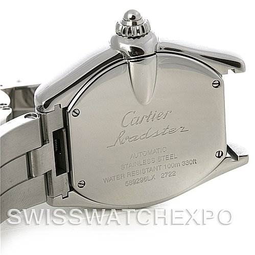 The image shows the back case and bracelet of the Cartier Roadster W62032X6 Men's Stainless Steel Silver Dial W62032X6 Men's Stainless Steel Silver Dial watch at a slight angle.